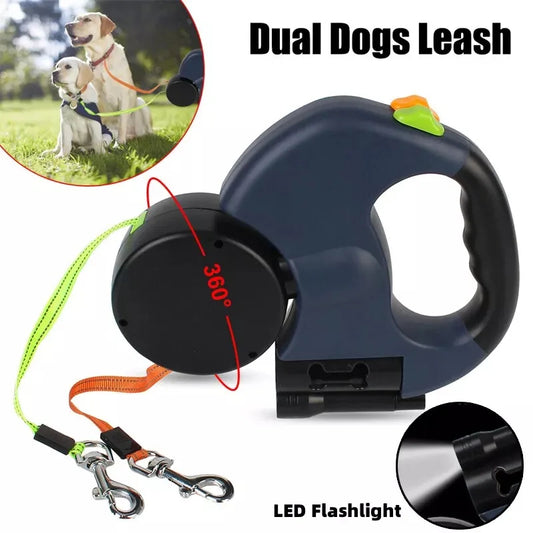 2 in 1 Multi-functional Dog Leash Double-ended Automatic Retractable Dog Leash 360° Swivel No Tangle Walking Leash with Lights