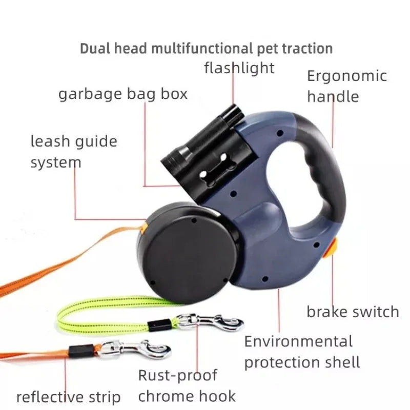 2 in 1 Multi-functional Dog Leash Double-ended Automatic Retractable Dog Leash 360° Swivel No Tangle Walking Leash with Lights